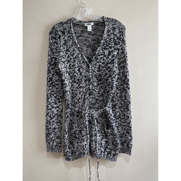 Old Navy Sweaters - Old Navy Chunky Knit Cardigan Womens S Black/Cream Linen/Cotton Blend Pockets